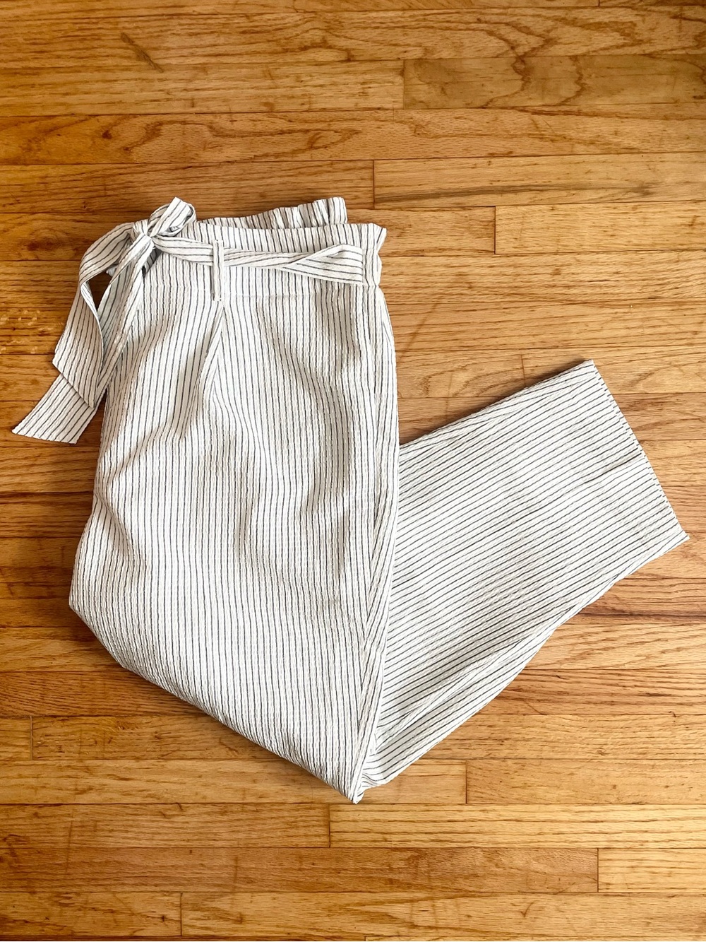 Bar III White Slim Vertical-Stripe Paperbag Waist Trousers